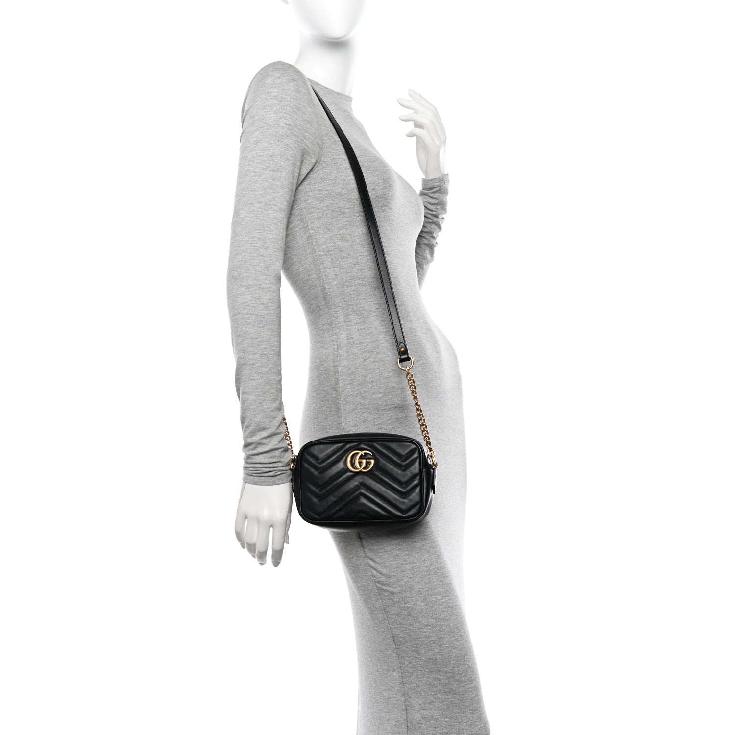 Gucci Calfskin Matelasse Mini GG Marmont Chain Shoulder Bag Black 2 of 12