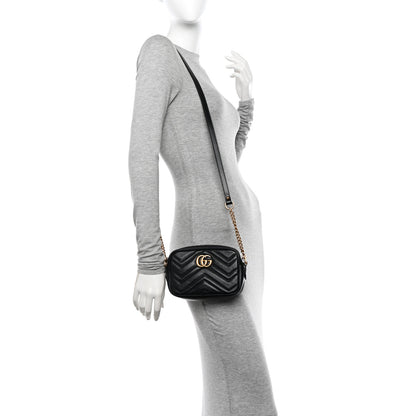 Gucci Calfskin Matelasse Mini GG Marmont Chain Shoulder Bag Black 2 of 12