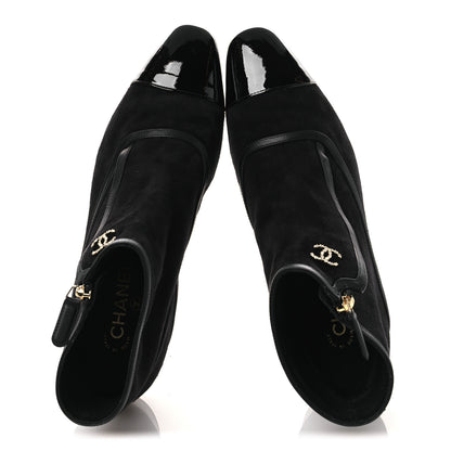 Chanel Suede Lambskin Patent Calfskin CC Cap Toe Ankle Boots 40 Black 2 of 12