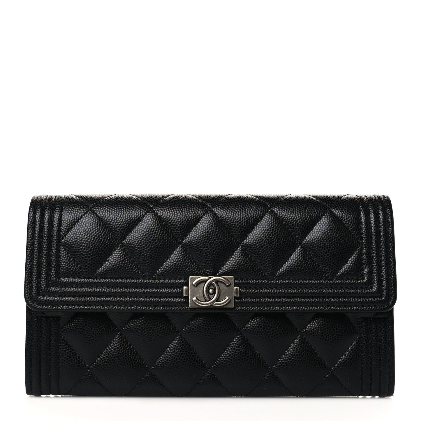 Caviar Quilted Large Boy Gusset Flap Wallet Black