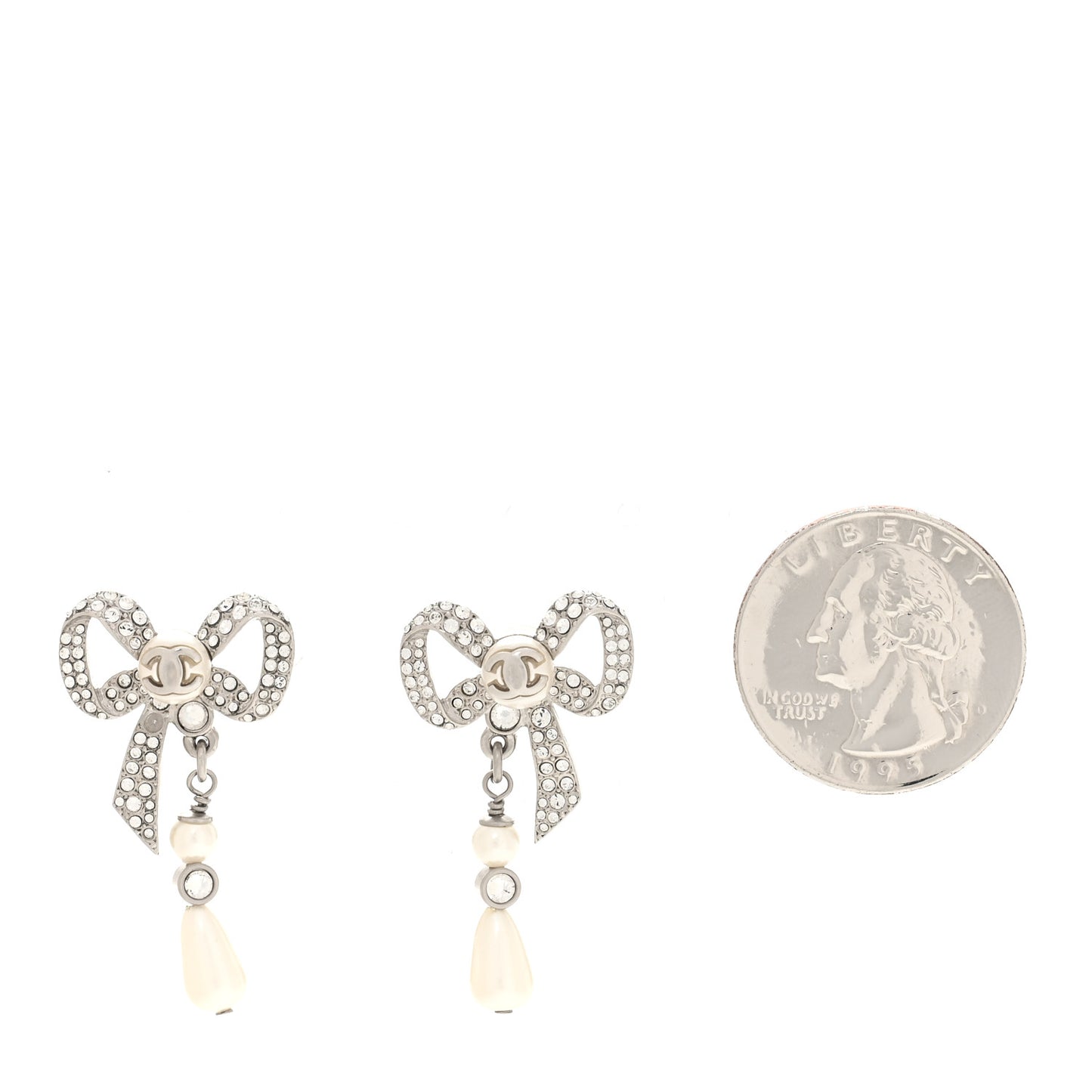 Crystal Pearl Bow CC Earrings Silver