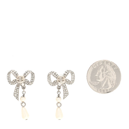 Chanel Crystal Pearl Bow CC Earrings Silver 2 of 4