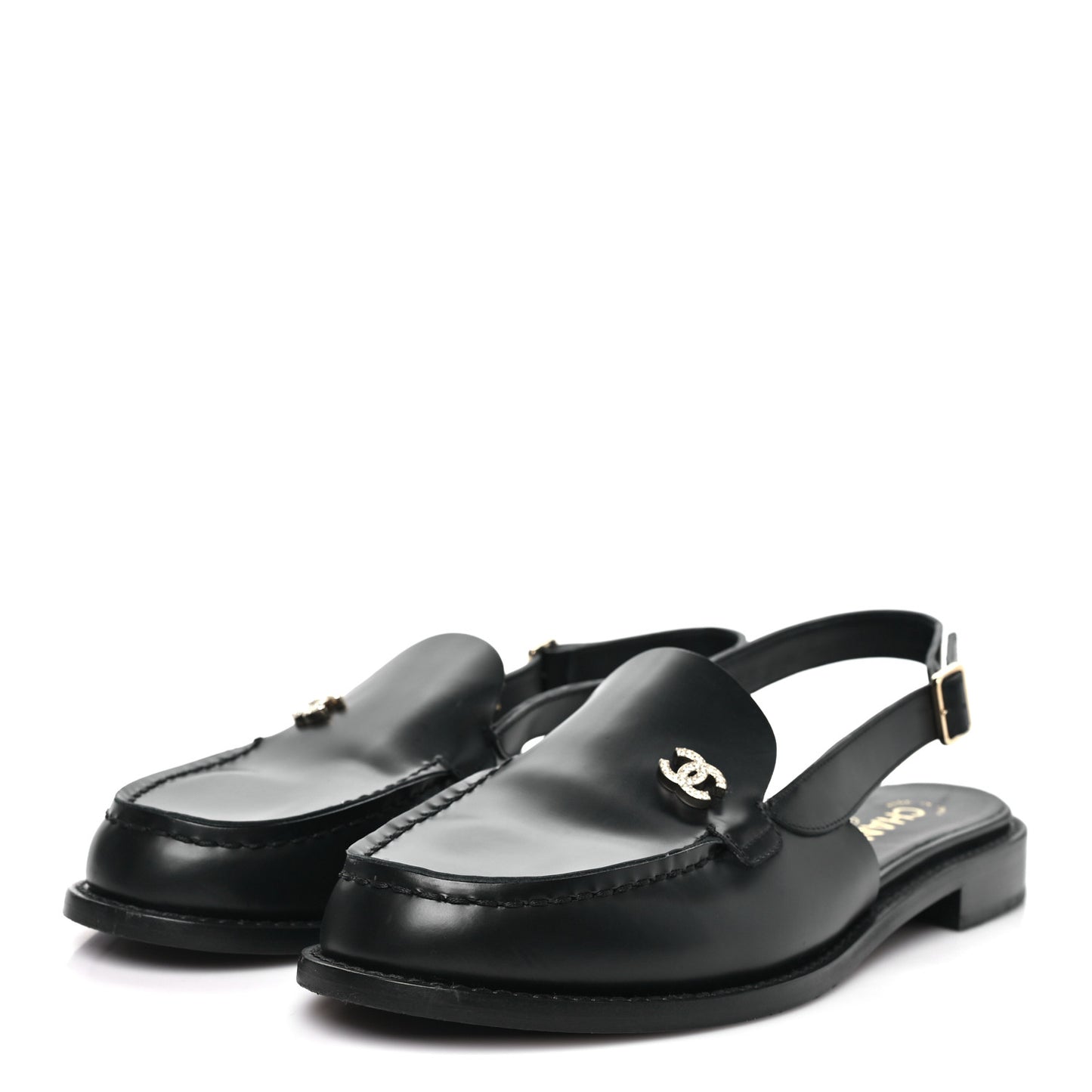 Calfskin Crystal Slingback Loafers 40 Black