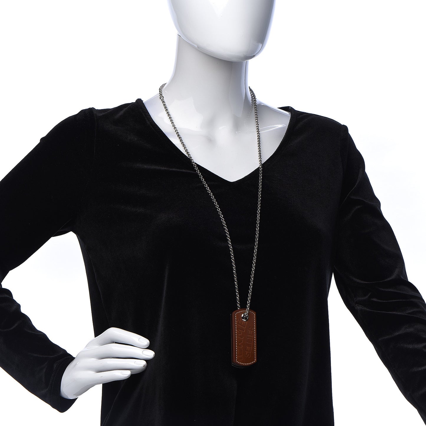 Palladium Natural Barenia Dog Tag Long Necklace Fauve