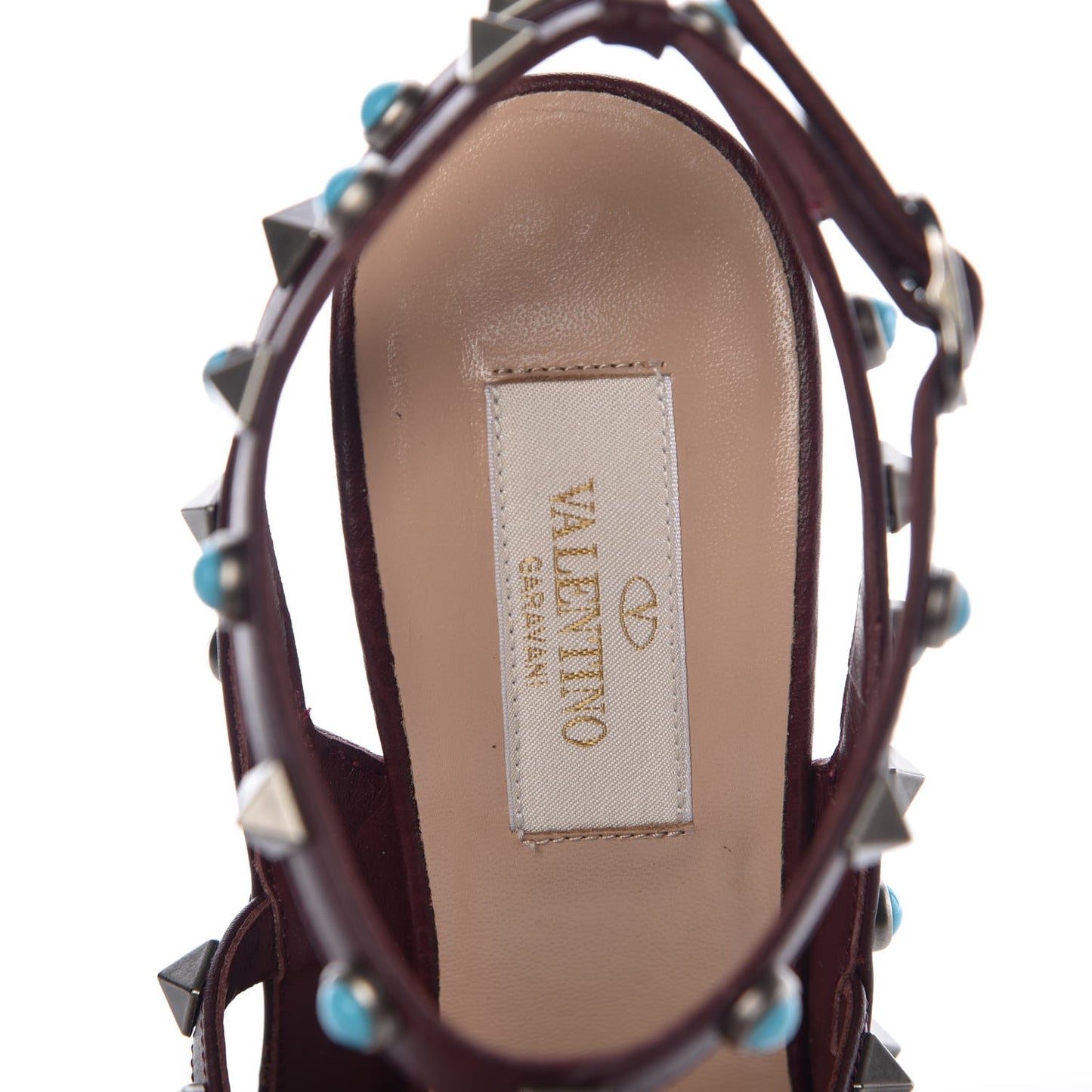 Pebbled Calfskin Turquoise Rockstud Rolling Ankle Strap 100mm Pumps 37.5 Rubin