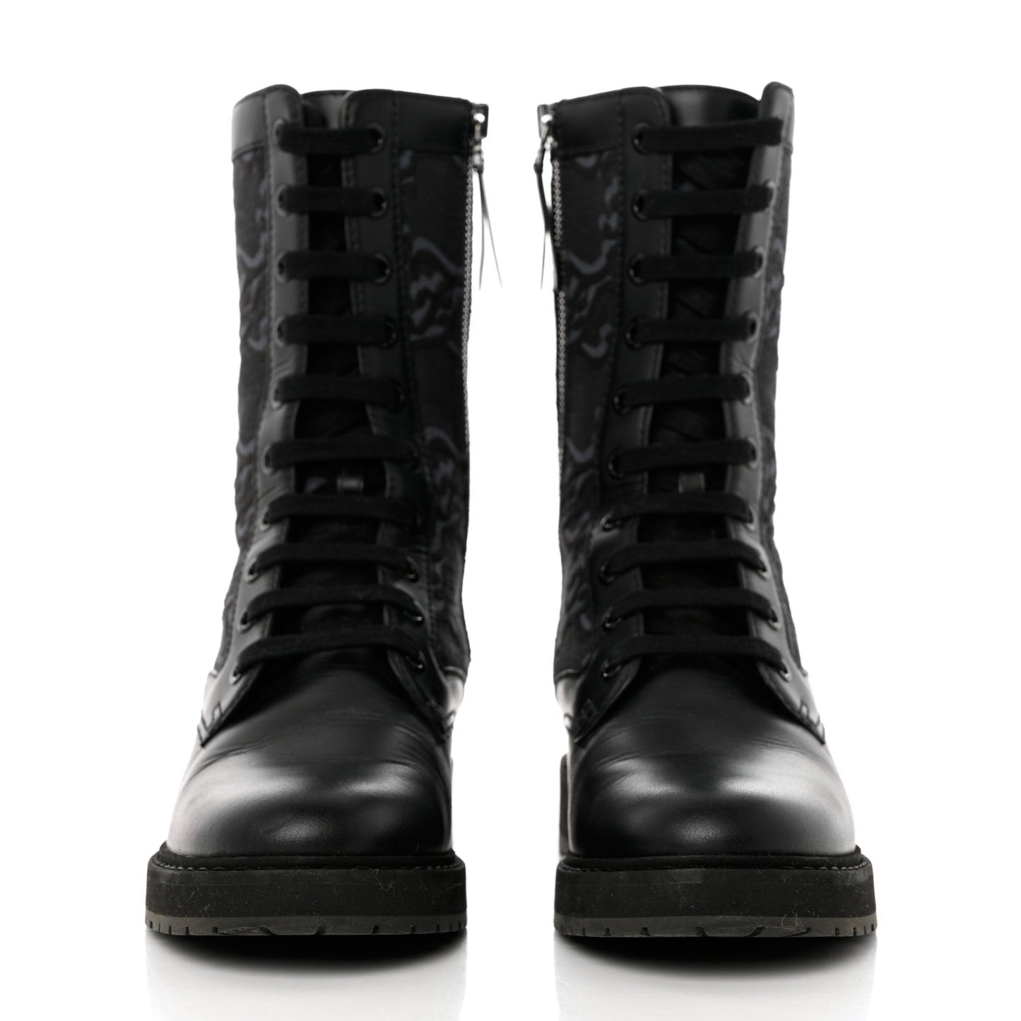 Vitello Fabric Jacquard Karligraphy Embroidered Womens Combat Boots 37.5 Black