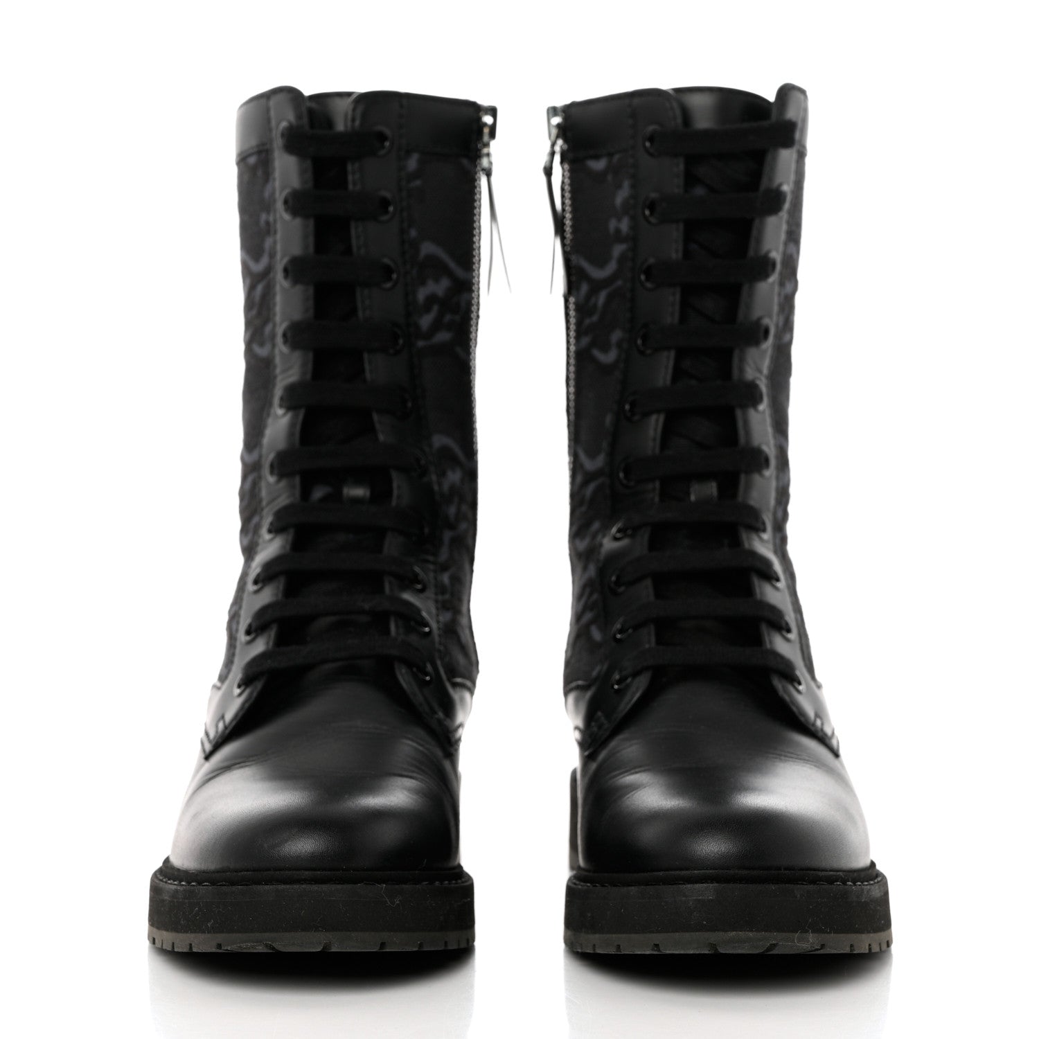 Fendi Vitello Fabric Jacquard Karligraphy Embroidered Womens Combat Boots 37.5 Black 2 of 10