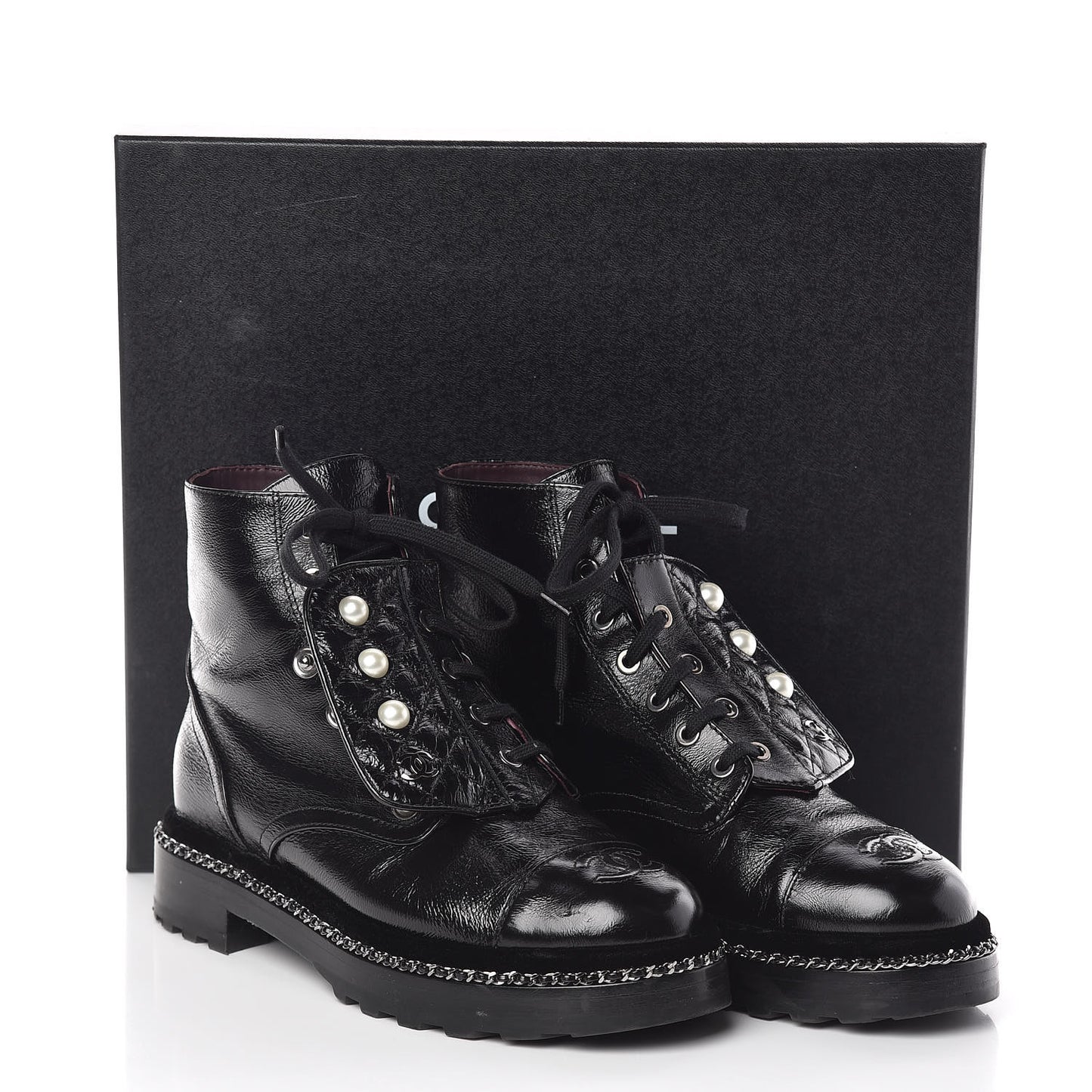Crackled Calfskin Velvet Pearl Combat Short Boots 38 Black