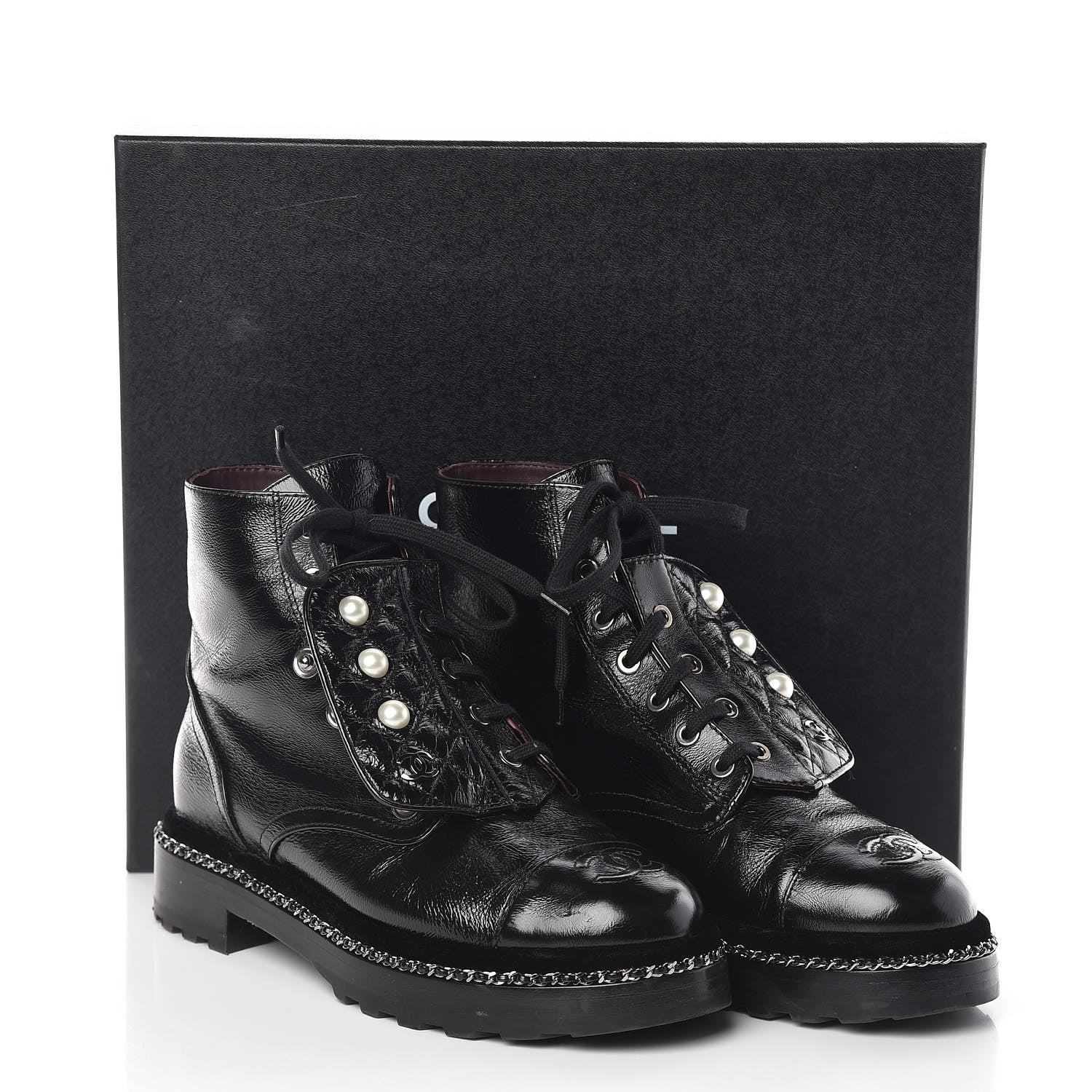 Chanel Crackled Calfskin Velvet Pearl Combat Short Boots 38 Black 8 of 8