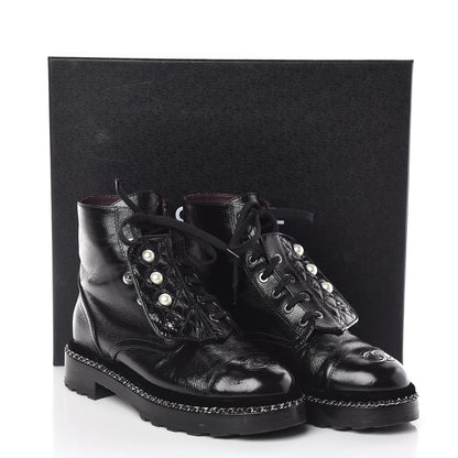 Chanel Crackled Calfskin Velvet Pearl Combat Short Boots 38 Black 8 of 8