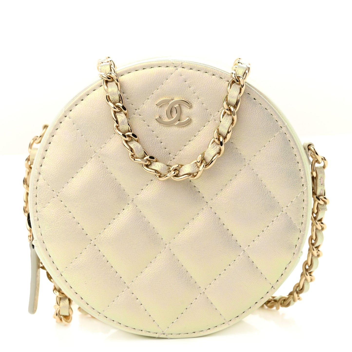 Iridescent Lambskin Quilted Round Clutch With Chain Ivory