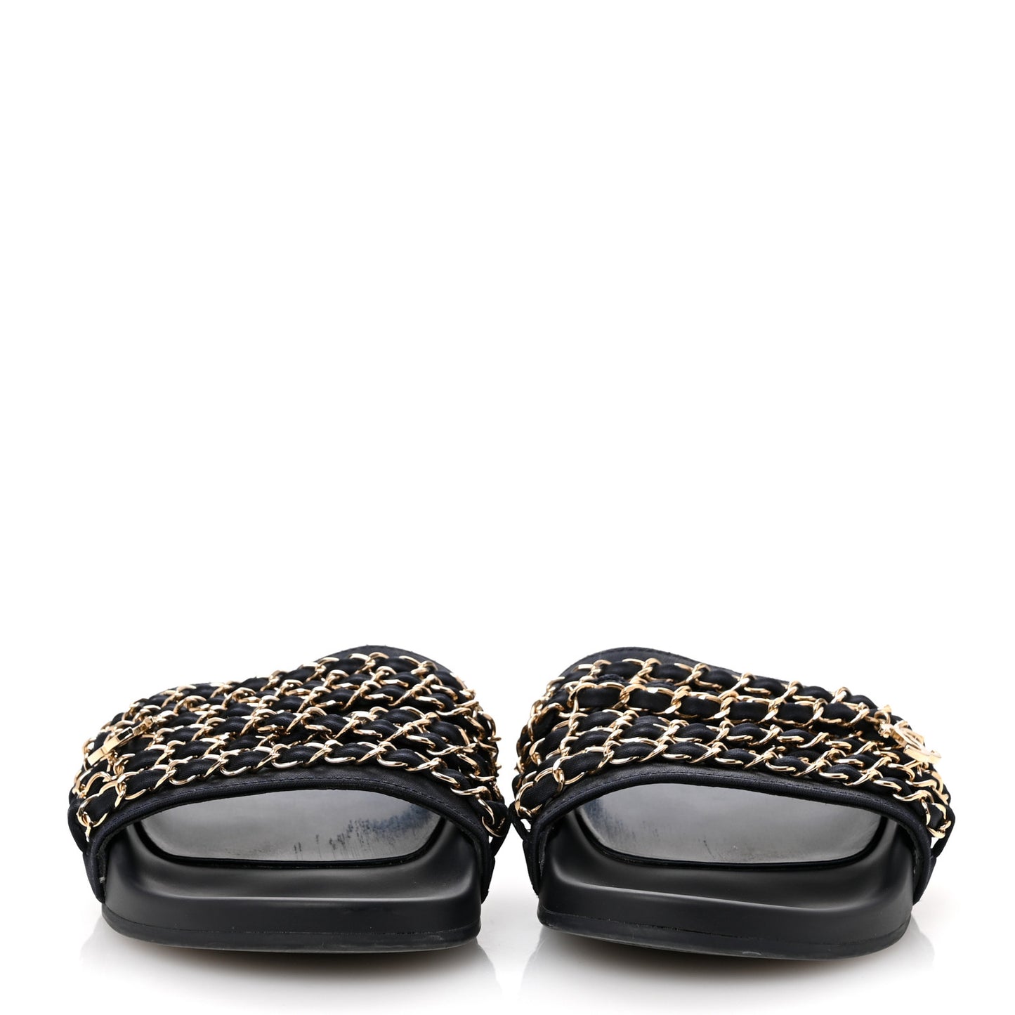 Satin Canvas Chain Slides Sandals Flats 38 Marine
