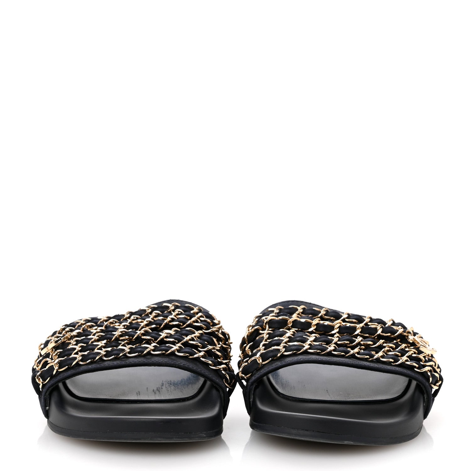 Chanel Satin Canvas Chain Slides Sandals Flats 38 Marine 3 of 12