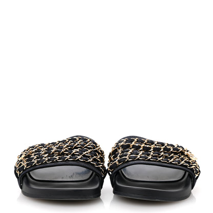 Chanel Satin Canvas Chain Slides Sandals Flats 38 Marine 3 of 12