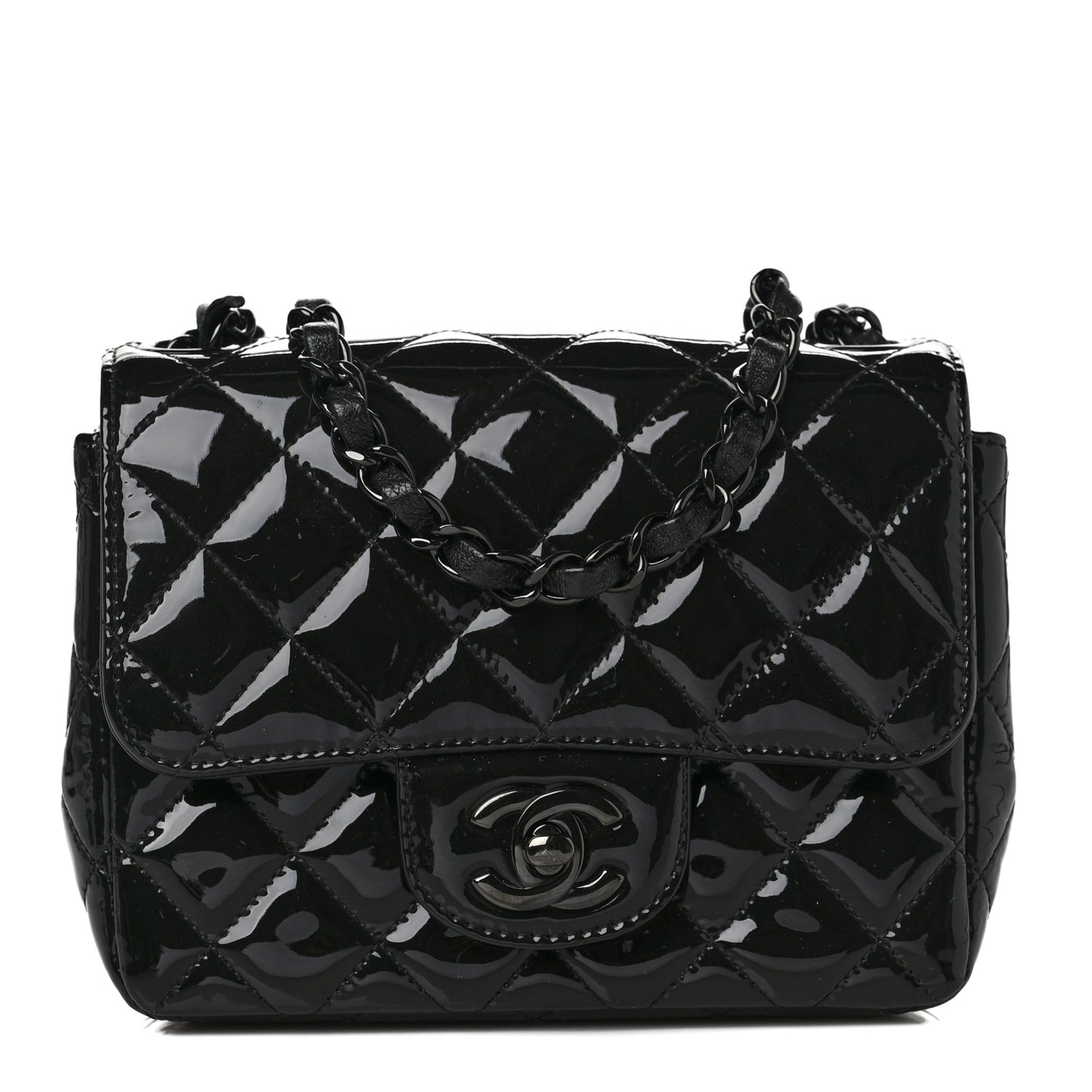 Patent Calfskin Quilted Mini Square Flap So Black