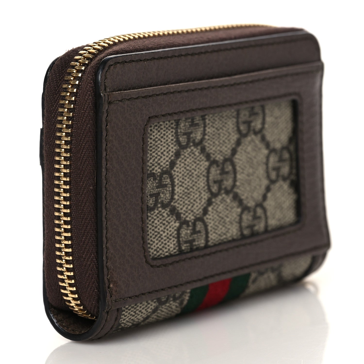 Gucci GG Supreme Monogram Textured Dollar Calfskin Web Ophidia Zip Around Card Case Wallet Beige Ebony New Acero 3 of 8