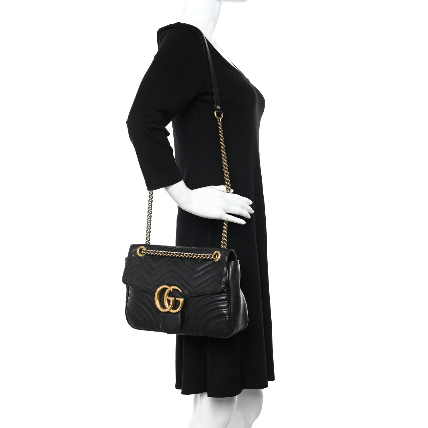 Gucci Calfskin Matelasse Medium GG Marmont Shoulder Bag Black 2 of 11
