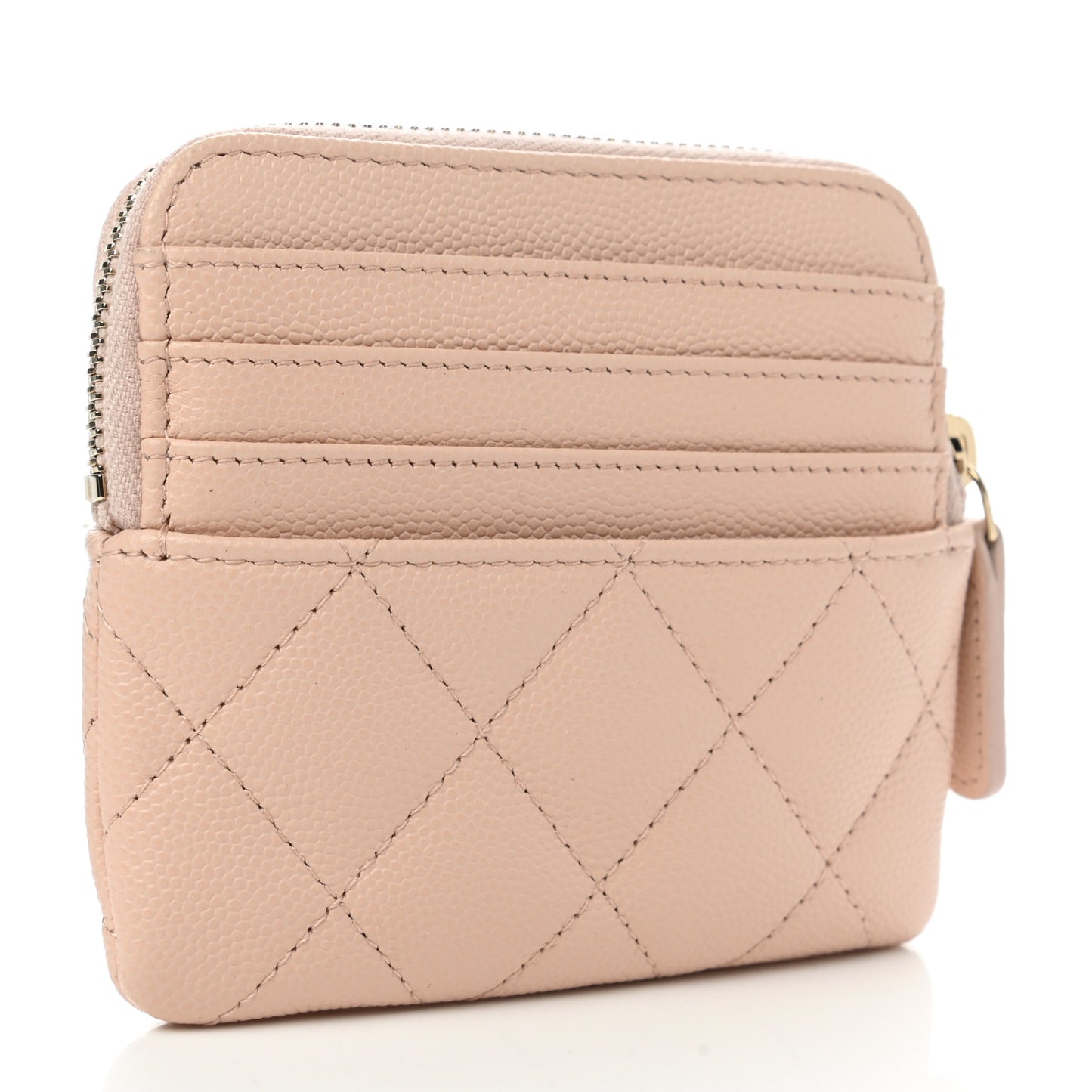 Caviar Quilted Zip Card Holder Wallet Light Beige