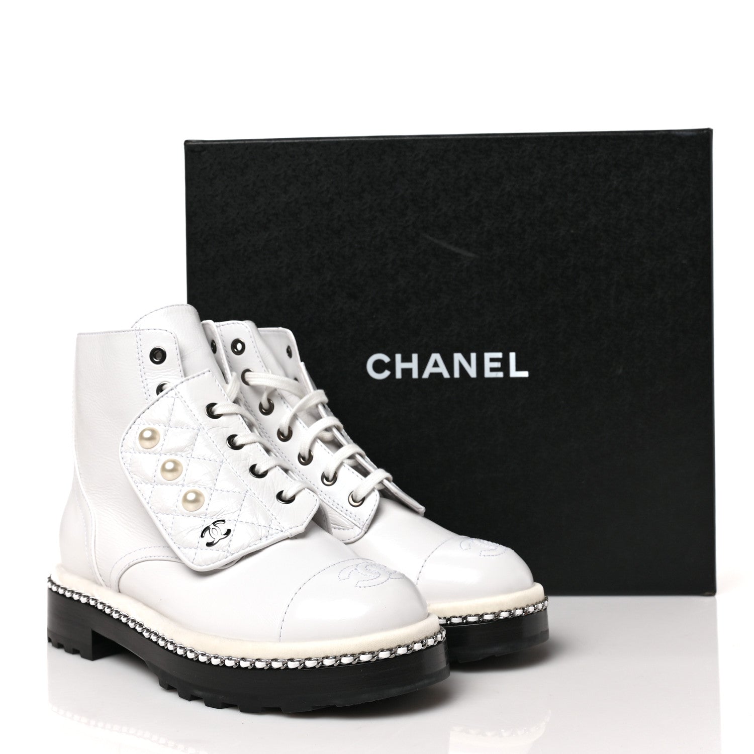 Chanel Crackled Calfskin Velvet Pearl Combat Short Boots 36.5 White 7 of 7