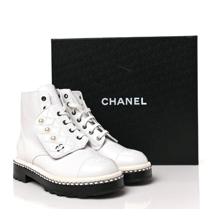 Chanel Crackled Calfskin Velvet Pearl Combat Short Boots 36.5 White 7 of 7