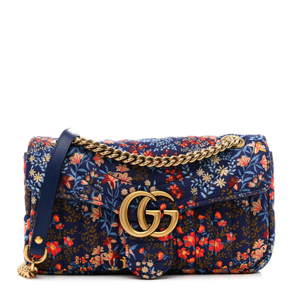 Gucci Cotton Calfskin Matelasse Floral Print Small GG Marmont Shoulder Bag Blue Red Deep Ocean Blue 1 of 11