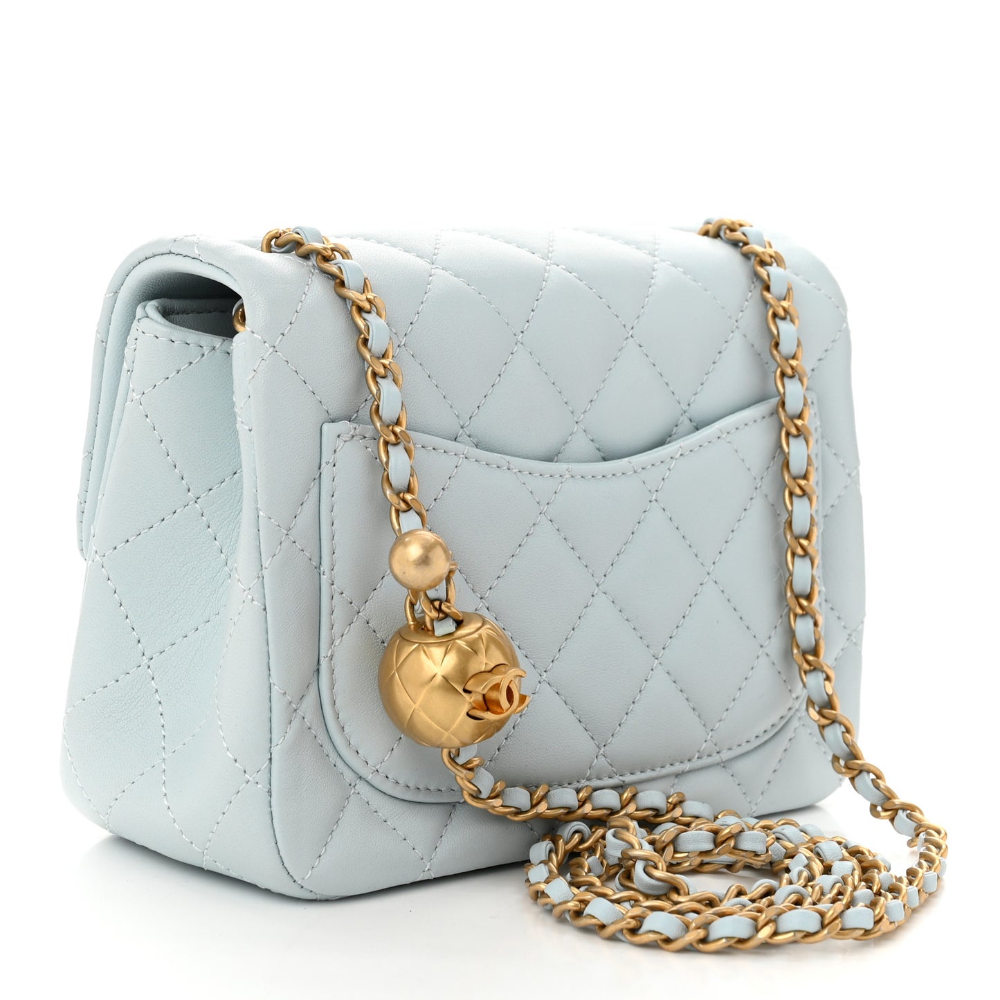 Lambskin Quilted Mini Pearl Crush Flap Light Blue