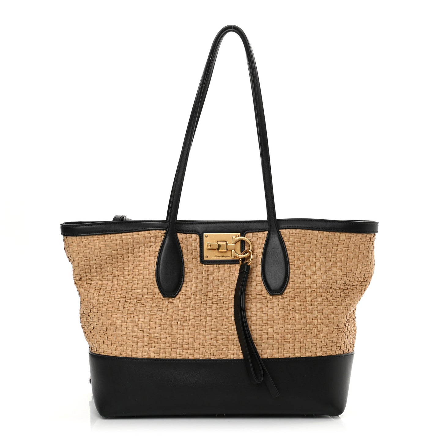 Woven Raffia Calfskin The Studio Tote Beige Black