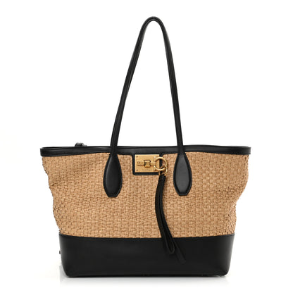 Salvatore Ferragamo Woven Raffia Calfskin The Studio Tote Beige Black 3 of 19