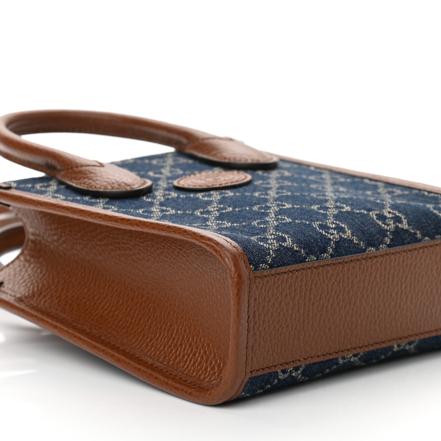 New Denim GG Monogram Dollar Calfskin Mini Retro Interlocking G Tote Bag Blue Tea Cuir Epilog