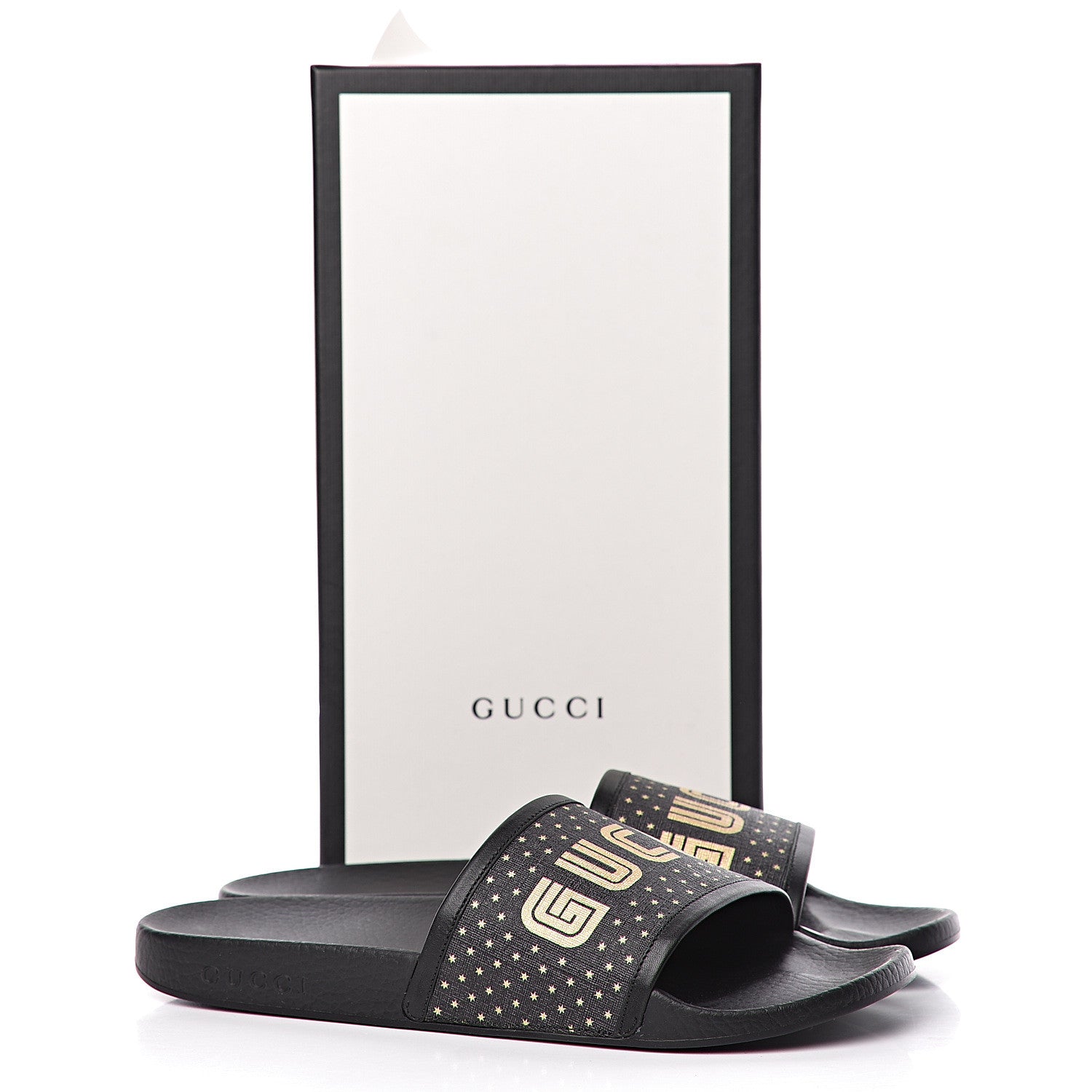 Gucci X SEGA Supreme Canvas GUCCY Stars Womens Slide Sandals 40 Black Gold 9 of 9