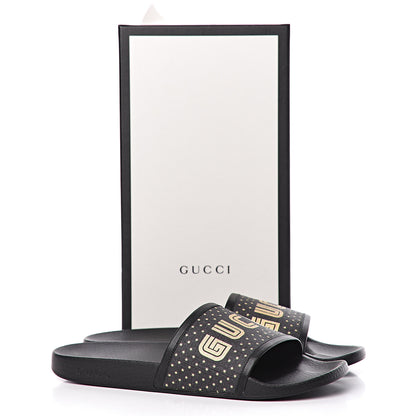 Gucci X SEGA Supreme Canvas GUCCY Stars Womens Slide Sandals 40 Black Gold 9 of 9