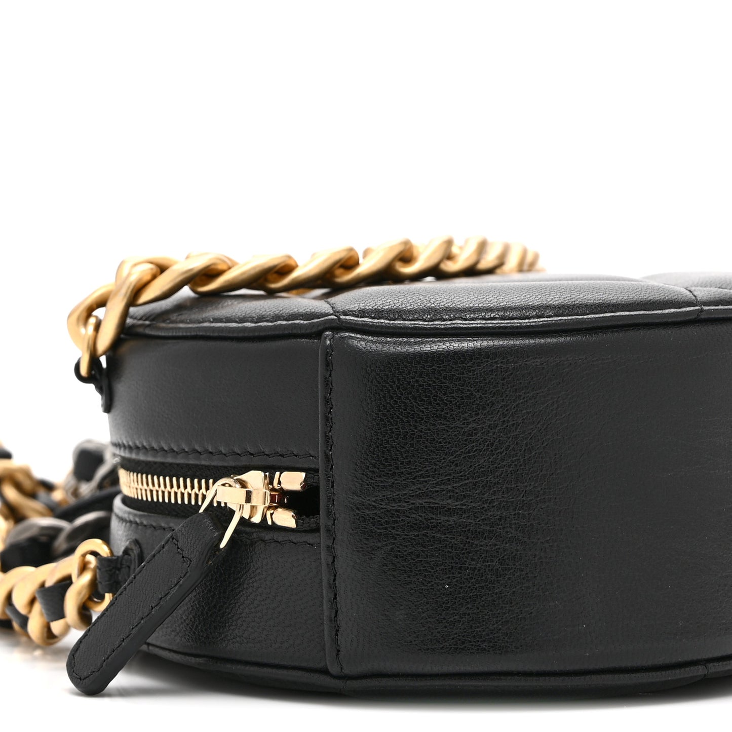 Shiny Goatskin Quilted Chanel 19 Round Clutch With Chain Black