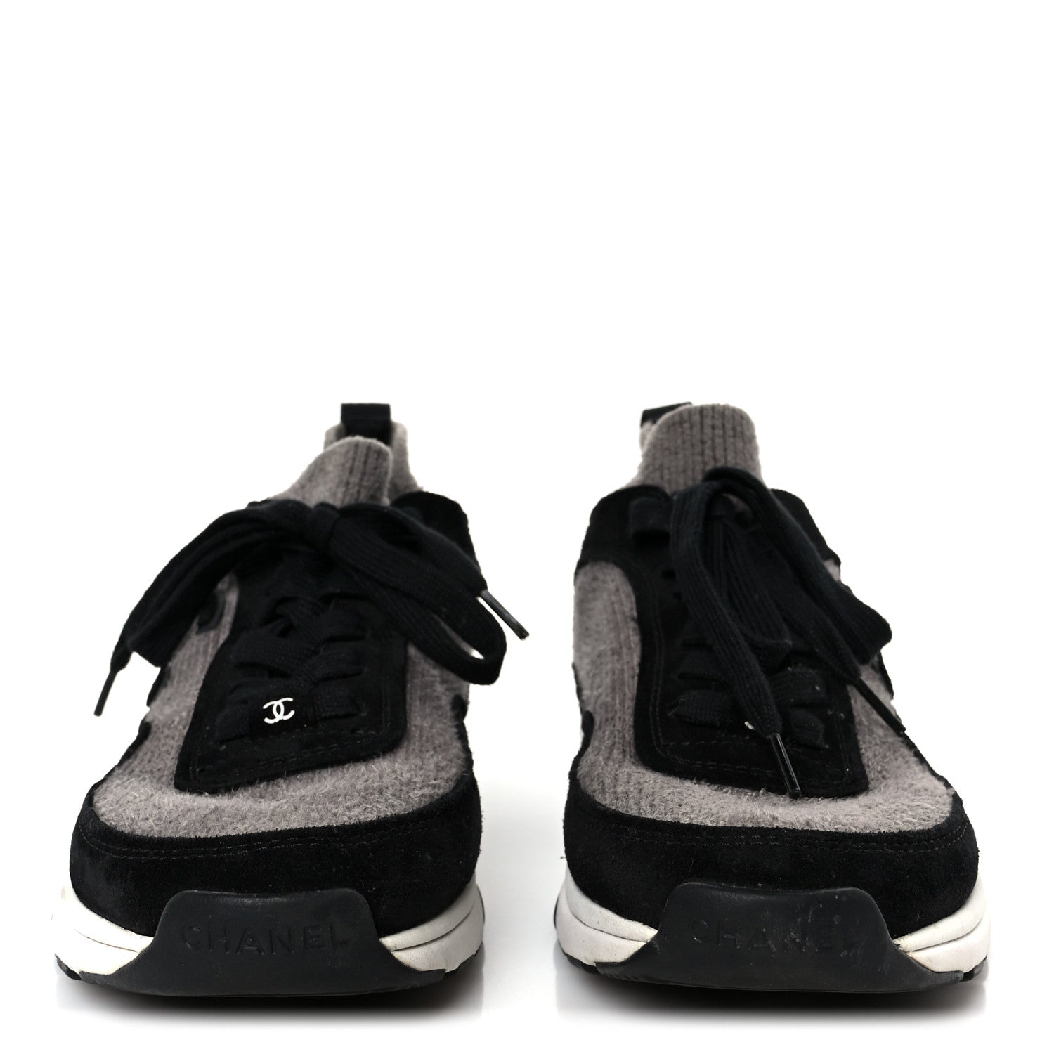 Chanel Fabric Suede Calfskin CC Sneakers 38 Gray Black 1815189