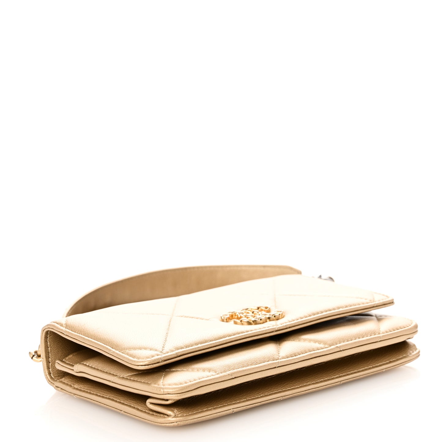 Metallic Goatskin Quilted Chanel 19 Wallet On Chain WOC Gold