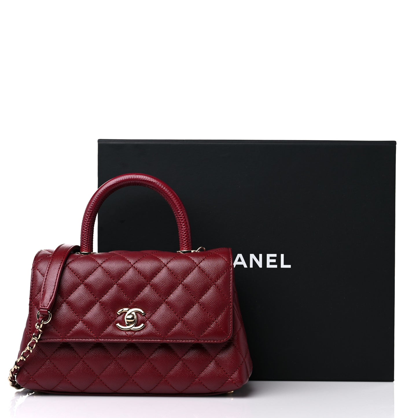 Caviar Lizard Embossed Quilted Mini Coco Handle Flap Burgundy