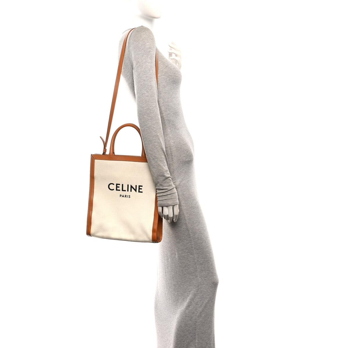 Celine Canvas Calfskin Logo Print Small Vertical Cabas Natural Tan 3 of 9