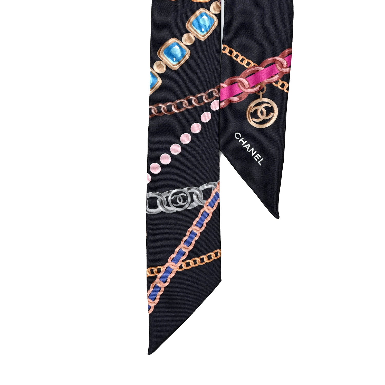 Chanel Silk Pearl CC Chain Slim Bandeau Scarf Navy Blue 2 of 3