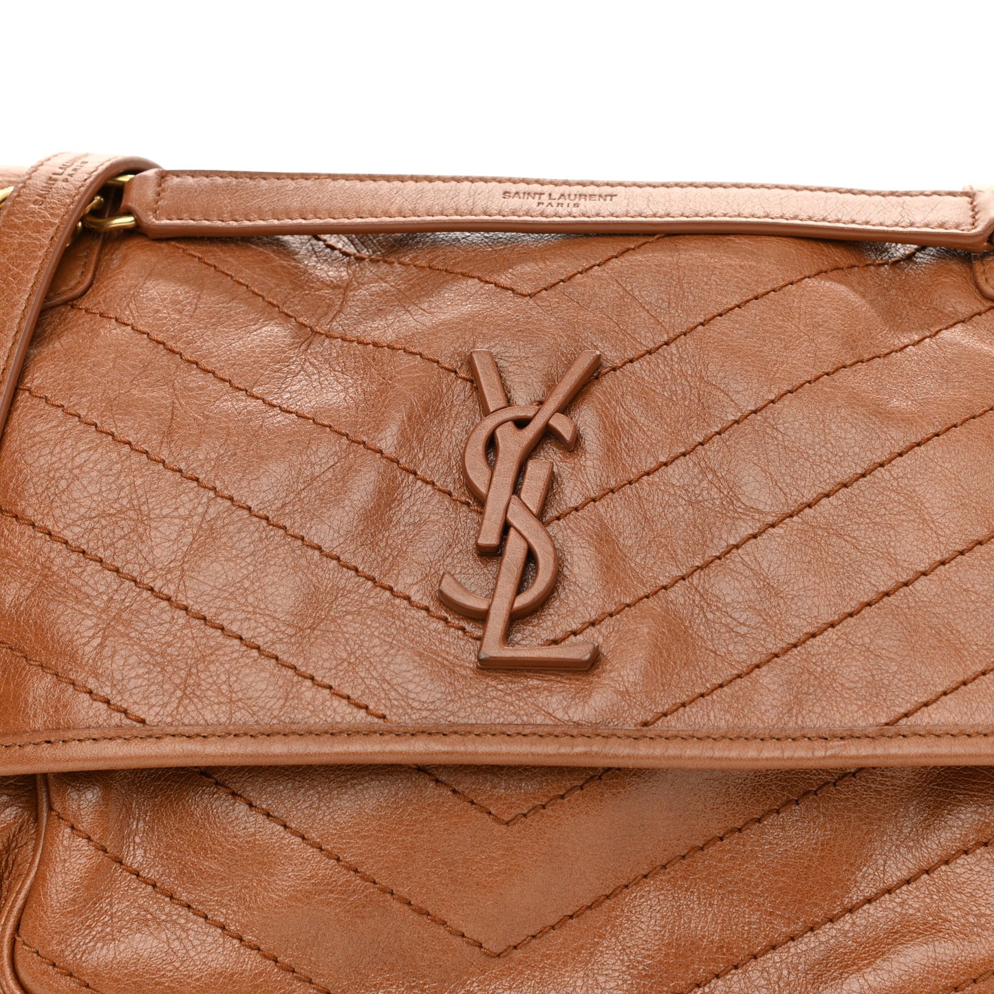 Crinkled Calfskin Matelasse Monogram Medium Niki Chain Satchel Caramel