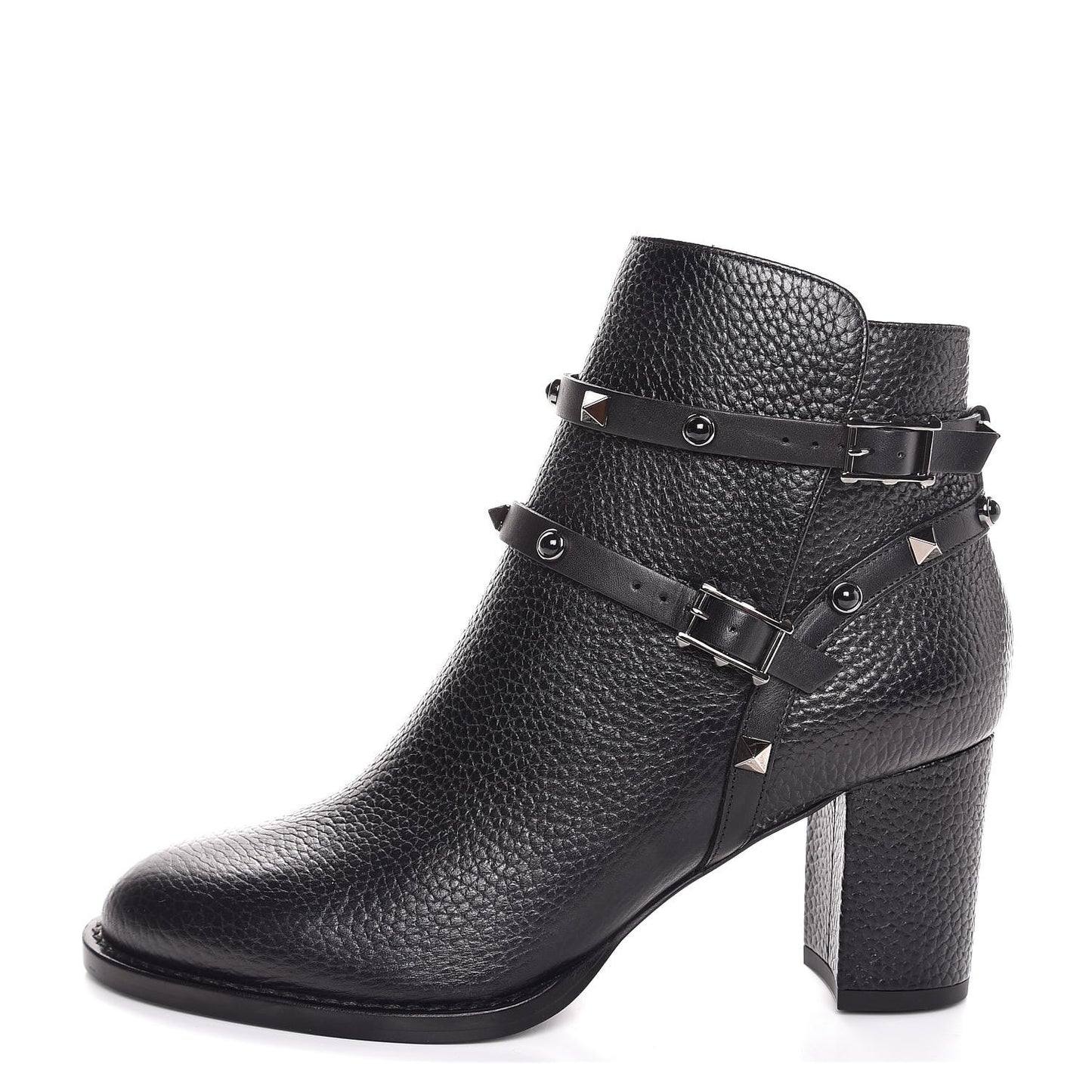 Pebbled Calfskin Onyx Rockstud Rolling Double Buckle 70mm Block Heel Ankle Boots 37.5 Black