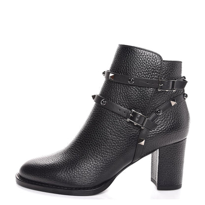 Valentino Garavani Pebbled Calfskin Onyx Rockstud Rolling Double Buckle 70mm Block Heel Ankle Boots 37.5 Black 1 of 7
