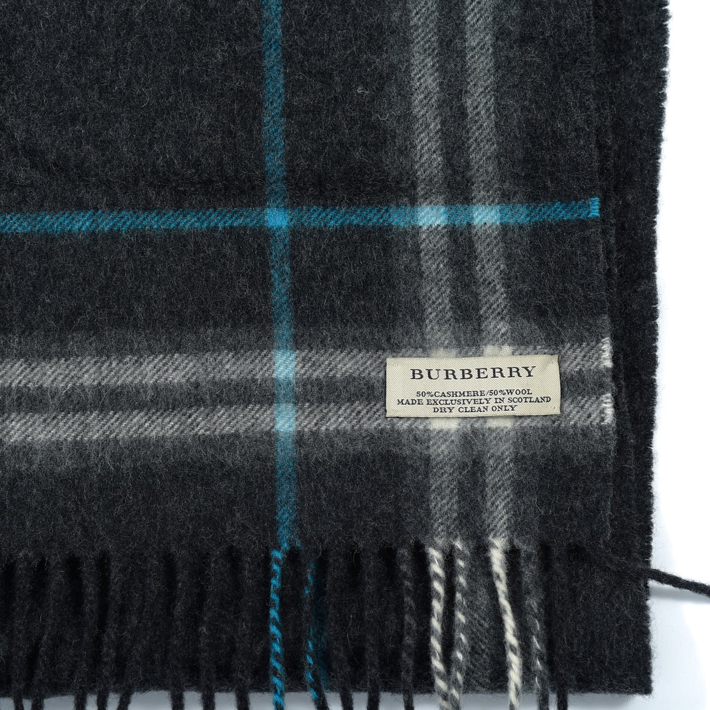 Wool Cashmere Check Striped Fringe Scarf Dark Grey