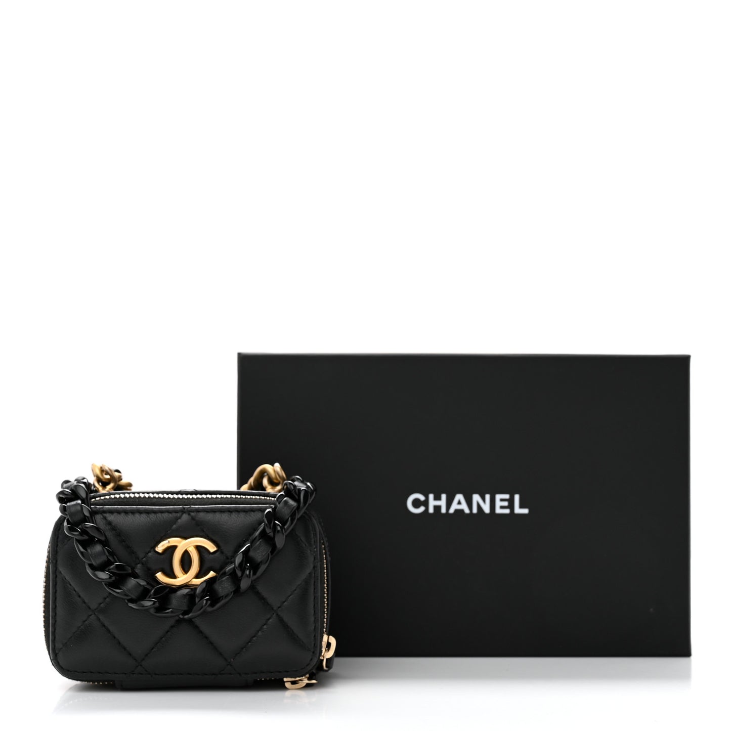 Lambskin Quilted Mini Lacquered Chain Clutch Black