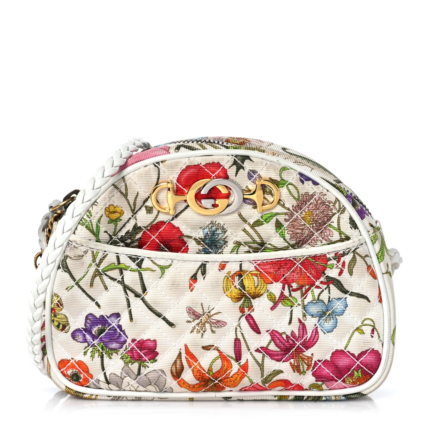 Canvas Flora Floral Trapuntata Mini Zumi Dome Shoulder Bag White