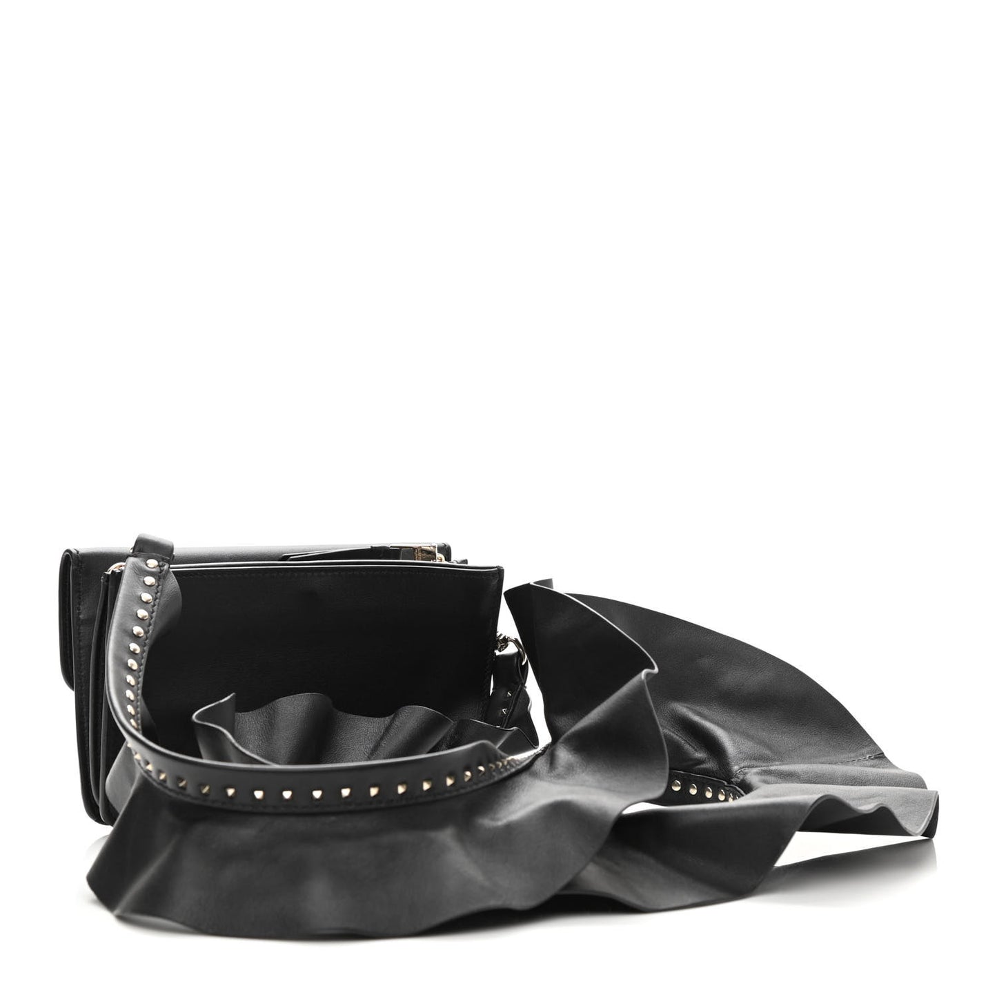 Calfskin Crystal Bead Embellished Mini Rockstud Love Story Ruffle Strap Bag Black