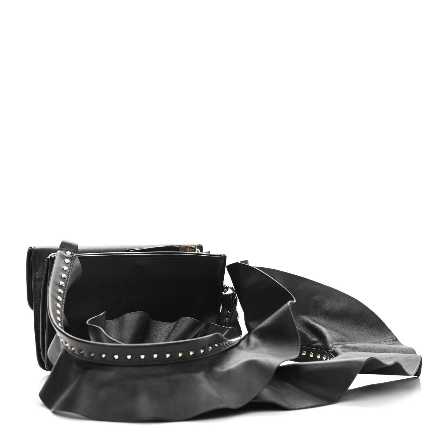Valentino Garavani Calfskin Crystal Bead Embellished Mini Rockstud Love Story Ruffle Strap Bag Black 4 of 11