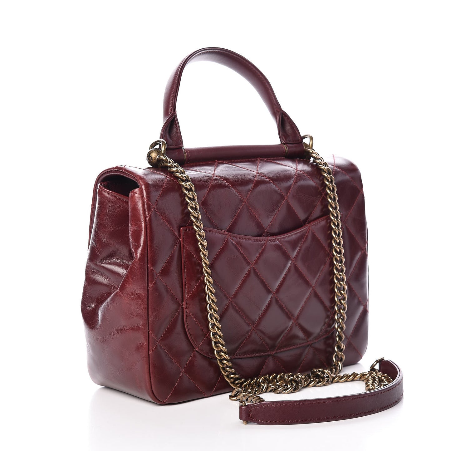 Calfskin Quilted Medium Gold Bar Top Handle Flap Burgundy
