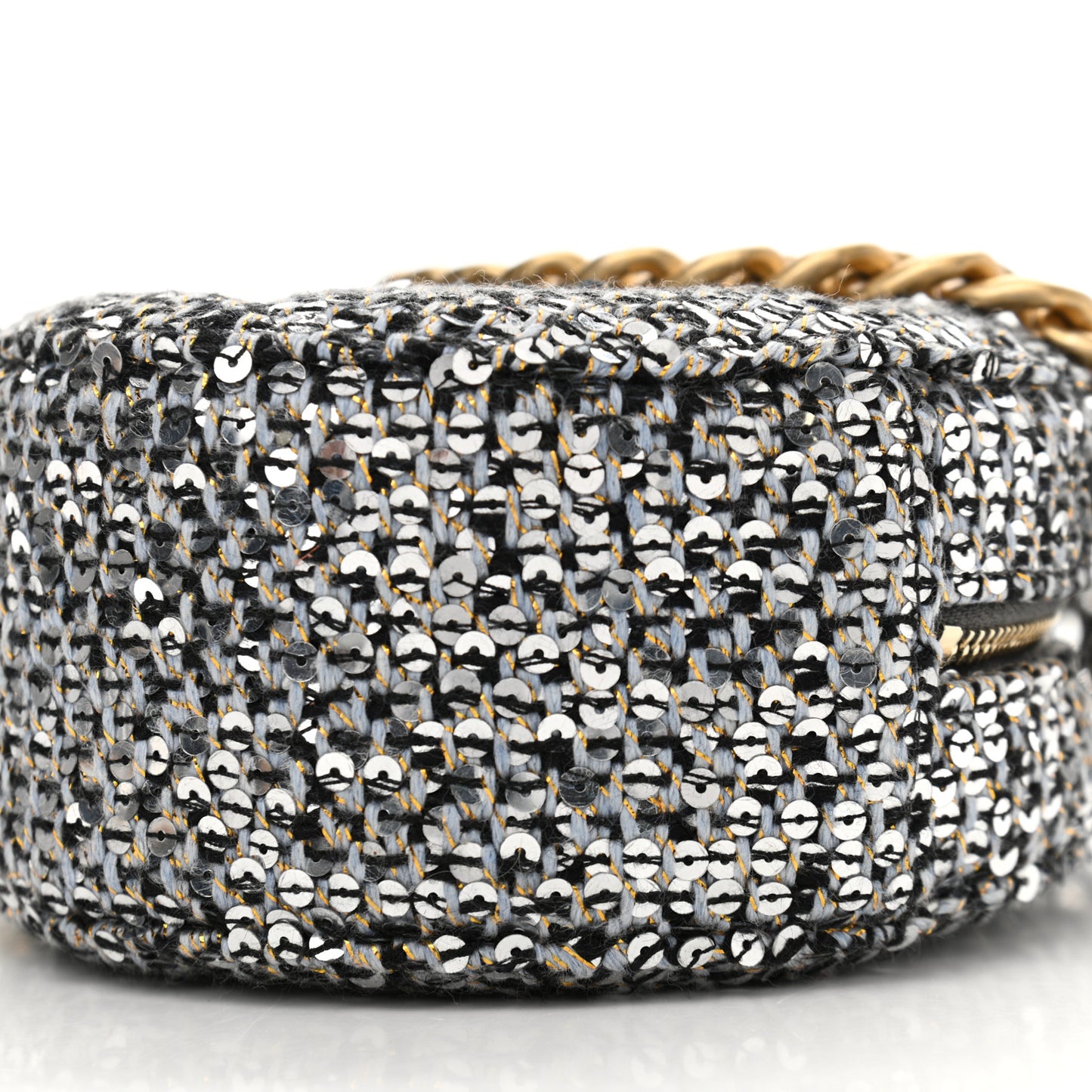 Sequin Chanel 19 Round Clutch With Chain Silver Black