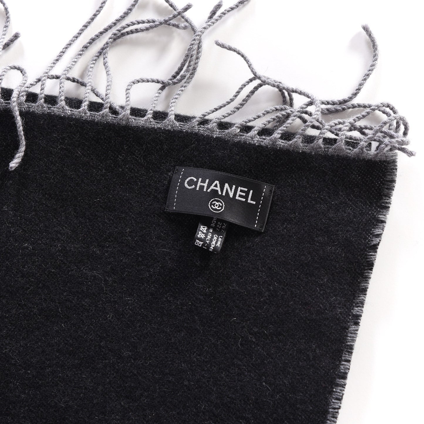 Merino Wool Cashmere CC Reversible Fringe Blanket Black Gray