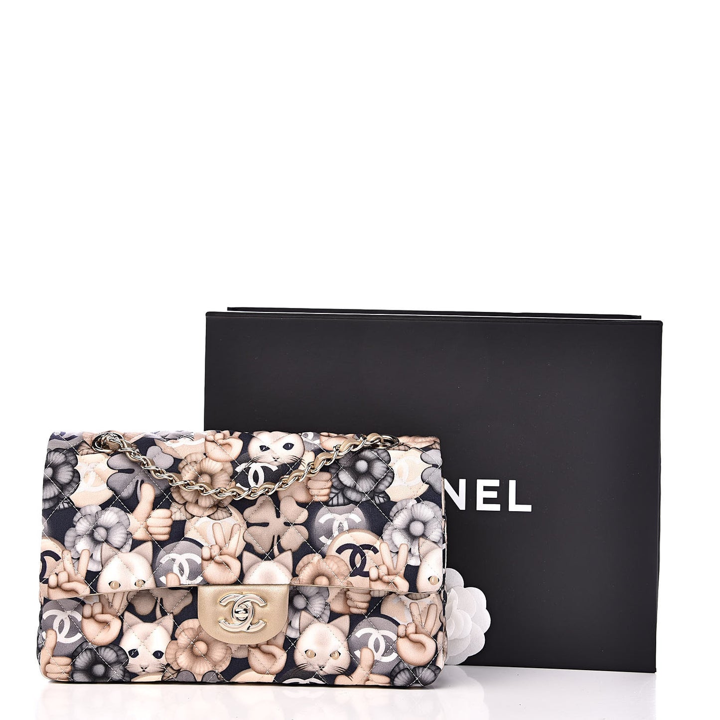 Nylon Quilted Medium Cat Emoticon Double Flap Navy Gold