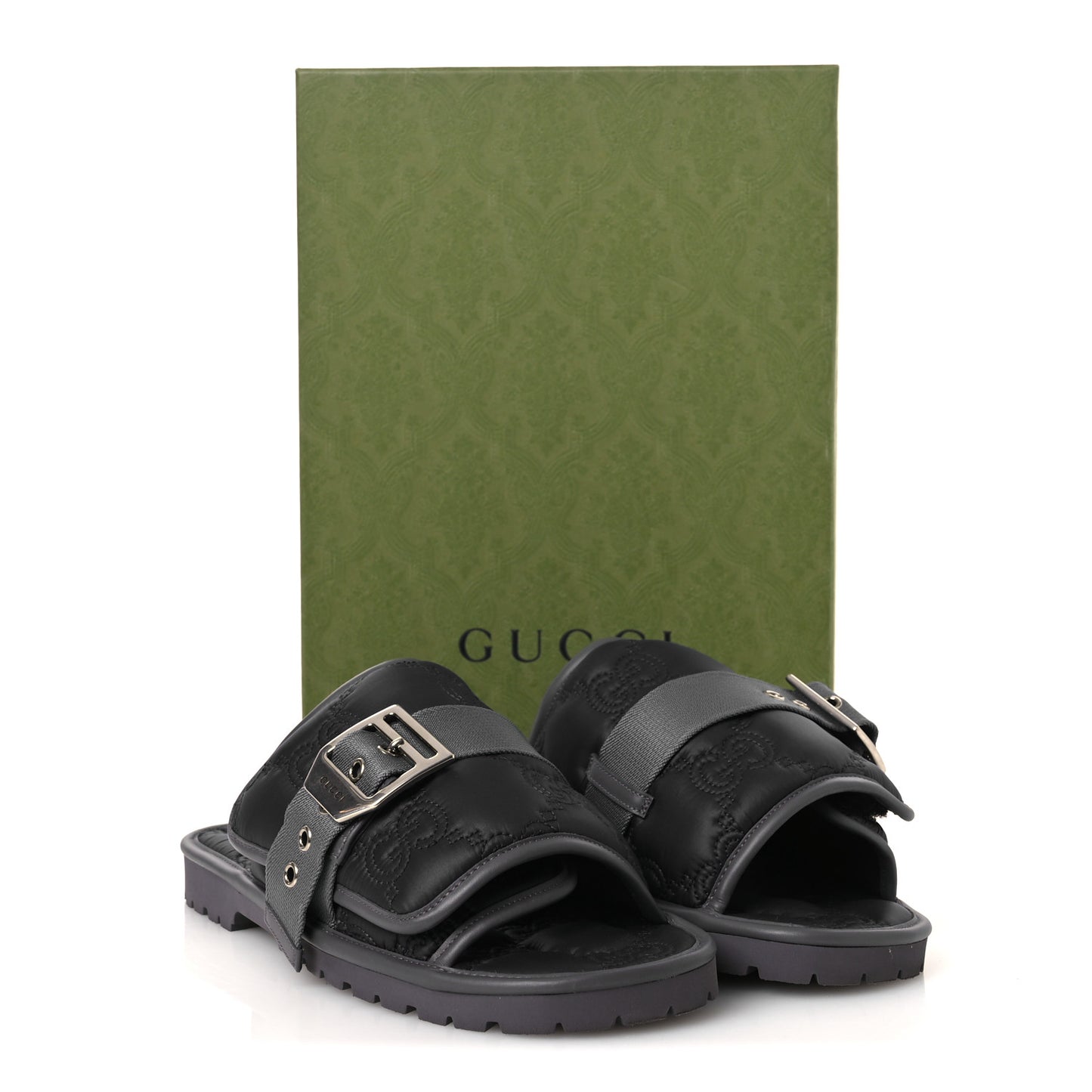 Nylon Calfskin GG Matelasse Mens Slide Sandals 11 Blue Grey